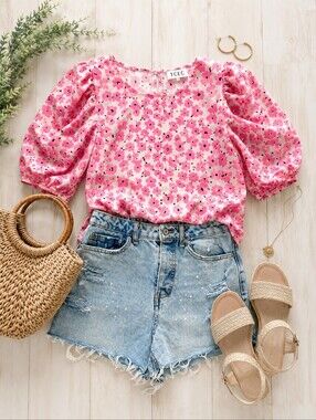 TCEC Pink and Yellow Floral Puff Sleeve Blouse.